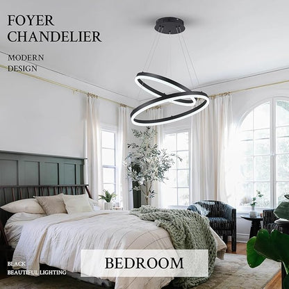 Modern LED Chandelier Black 2-Rings Pendant Light Circular Flush Mount Ceiling Chandelier Lighting with Remote Control for Bedroom Living Room Dining Room Entrance, 3000K-6500K