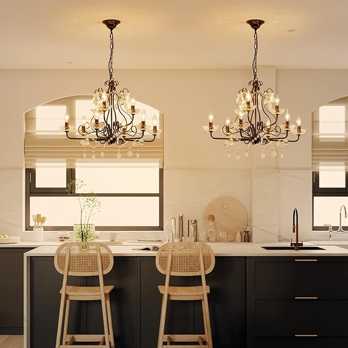 WUZUPS 9-Light Crystal Candle Chandelier Pendant Flushmount Ceiling Light Modern Lighting Fixture for Bedroom Hallway Bar Kitchen Bathroom, H 18.1" x W 25.6", Black, E12 Base