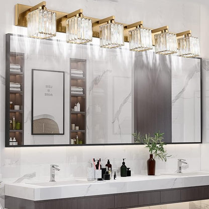 Aipsun Bathroom Vanity Light Brass Crystal Vanity Lighting Fixtures 6 Light Modern Bathroom Lighting Fixtures (Exclude Bulb)