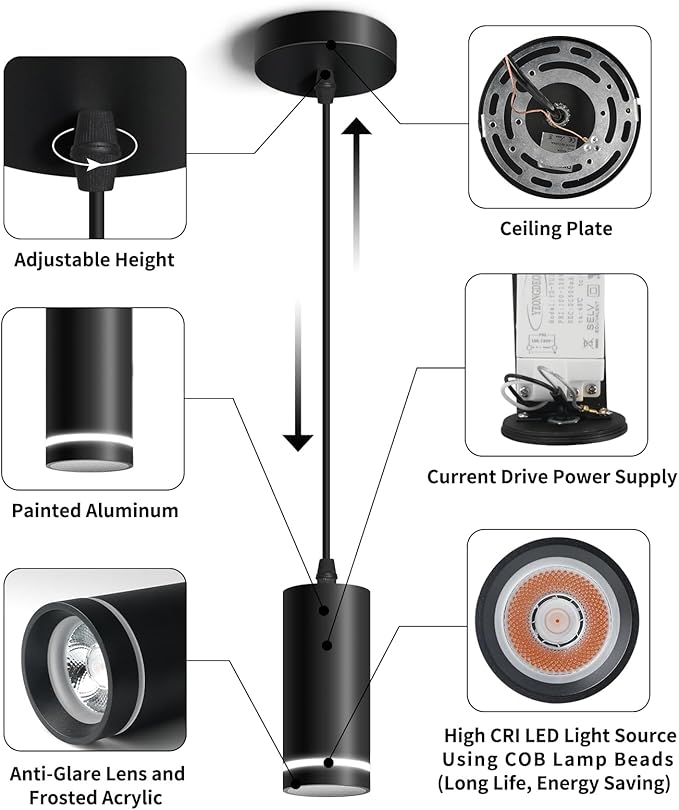 OKELI Mini Pendant Light, Black Modern Pendant Light Fixtures, LED Pendant Lighting for Kitchen Island, COB Lamp Bead, ETL,12W(3 Pack)