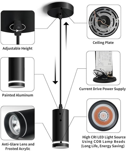 OKELI Mini Pendant Light, Black Modern Pendant Light Fixtures, LED Pendant Lighting for Kitchen Island, COB Lamp Bead, ETL,12W(3 Pack)