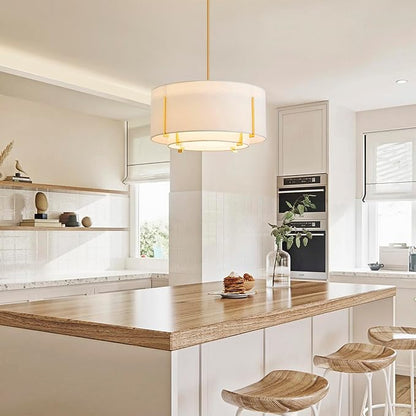 Shrine Lighting Chandeliers, Modern Design, Drum Pendant Light for Dining Room, White Lampshade & Black Finish Frame