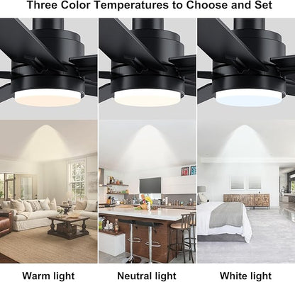 YUHAO 48 Inch Black Ceiling Fan with Light and Remote Control.Noiseless,Dimmable, 3CCT,6 Speeds Reversible, Modern DC Ceiling Fans for Indoor or Covered Outdoor Use,ETL Listed