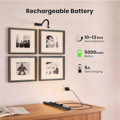Dimmable Cordless Picture Light for Wall 16n, 5000mAh Rechargeable Battery Wall Sconce Art Light, CRI 95+ 350LM Wall Light for Gallery Artwork, Paintings, Photo, Portraits - Black