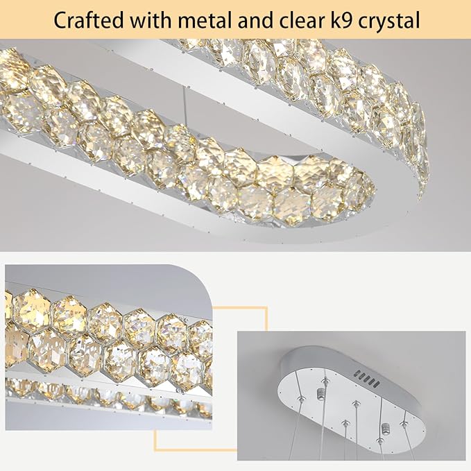 47'' Modern Oval Chandelier Crystal Chandeliers for Dining Room Round Ceiling Light Fixture for Living Room Lighting LED Dimmable with Remote Ring Lights Silver