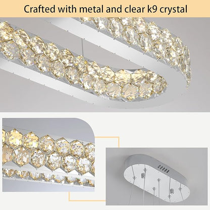 47'' Modern Oval Chandelier Crystal Chandeliers for Dining Room Round Ceiling Light Fixture for Living Room Lighting LED Dimmable with Remote Ring Lights Silver