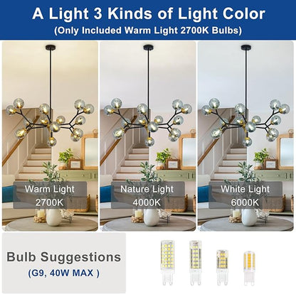 Depuley Glass Globe Sputnik Chandelier: 15-Light Modern Matte Black and Gold Ceiling Light Fixture - Vintage Hanging Chandeliers for Living Room Kitchen Dining Room Bedroom (Included G9 Bulbs)