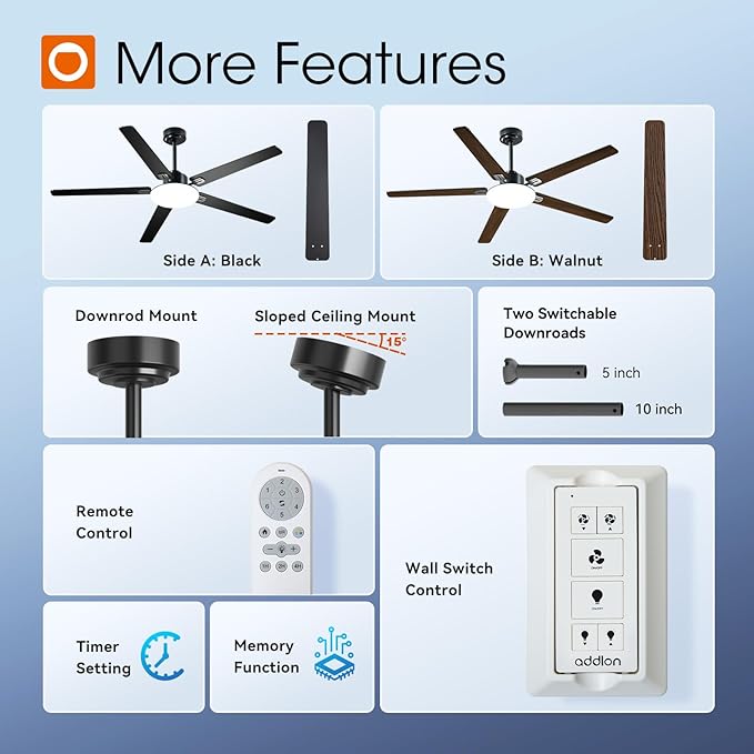 addlon Ceiling Fans with Lights, 60 inch Black Ceiling fan with Light and Remote Control, Reversible, 3CCT, Dimmable, Noiseless, Ceiling Fan for Bedroom, Farmhouse, living room, Indoor/Outdoor Use