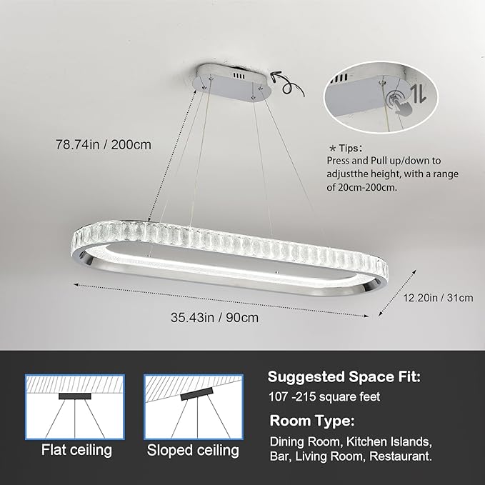 Modern Chandelier Led Crystal Chandelier Light Fixture,Dimmable Modern Led Pendant Light for Kitchen Island Lighting Silver Linear Led Chandelier for Dining Room 3000K-6500K Color Changing