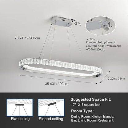 Modern Chandelier Led Crystal Chandelier Light Fixture,Dimmable Modern Led Pendant Light for Kitchen Island Lighting Silver Linear Led Chandelier for Dining Room 3000K-6500K Color Changing