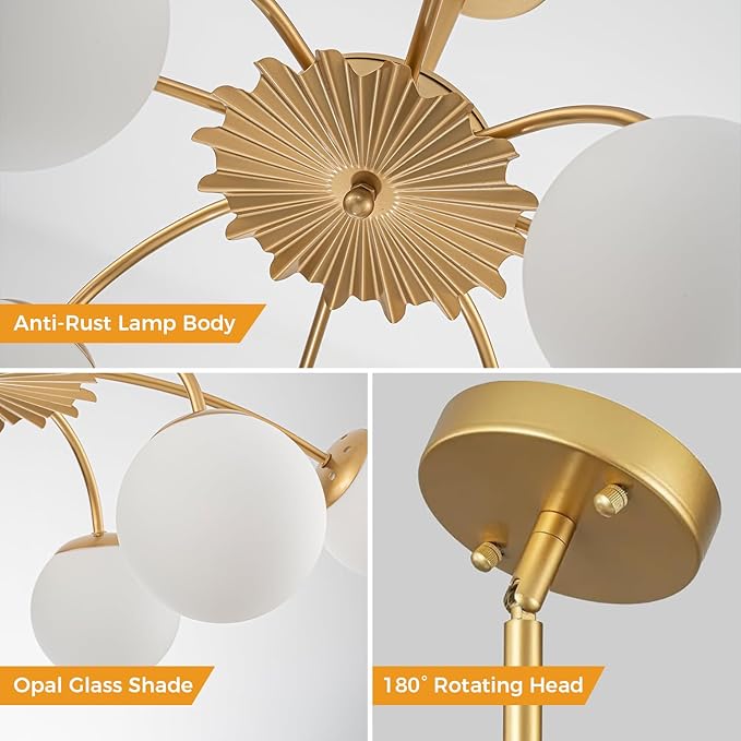 Longree 8-Light Gold and White Sputnik Chandeliers with Milk Glass Bubble Pendant Light Fixture, Blossom Accent Mid Century Sunburst Chandelier Frosted Glass Lighting for Dining Entry Living