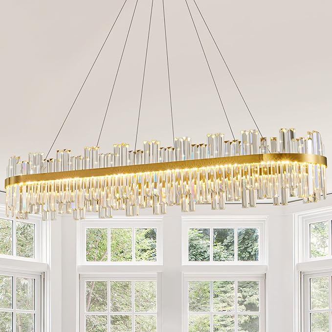 Gold Led Modern Crystal Chandelier: 52" Rectangle Linear 3 Color Dimmable Large Chandelier for Dining Room Over Table - Luxury Rectangular Contemporary Oval Light Fixture for Living Room Bedroom Foyer