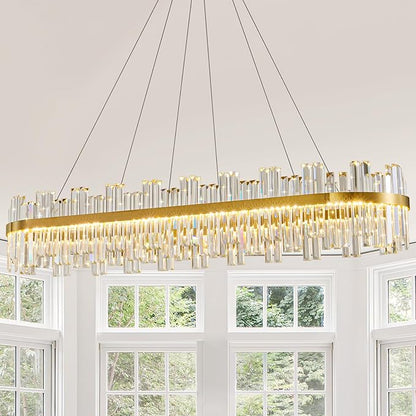 Gold Led Modern Crystal Chandelier: 52" Rectangle Linear 3 Color Dimmable Large Chandelier for Dining Room Over Table - Luxury Rectangular Contemporary Oval Light Fixture for Living Room Bedroom Foyer