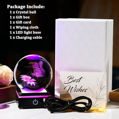 Arikyrist 3D Crystal Ball Butterfly Flower Figurine with LED Base, Laser Butterfly Gifts for Women Men, Glass Butterfly Statue Ball Night Light for Christmas Birthday Home Decor (80mm)