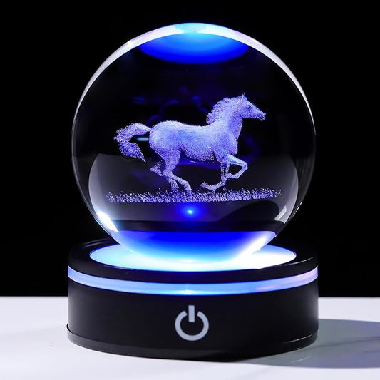 YWHL 3D Crystal Horse Figurine with LED Base, Horse Gifts for Men Women on Christmas Birthday, Glass Sphere Animal Decorative Ball for Home Decor (80mm)