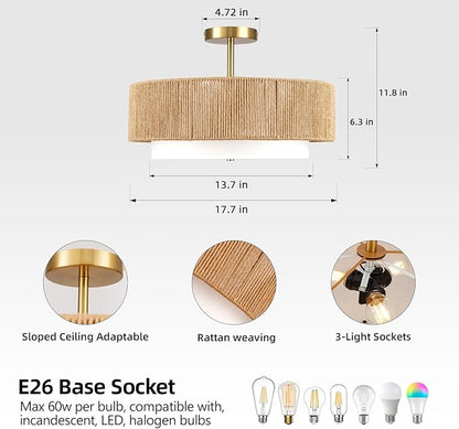 Boho Semi Flush Mount Ceiling Light Rattan Ceiling Light 18" Farmhouse Ceiling Lamp with Natural Hemp Rope Fabric Lampshade for Dining Room Living Room Bedroom Kitchen