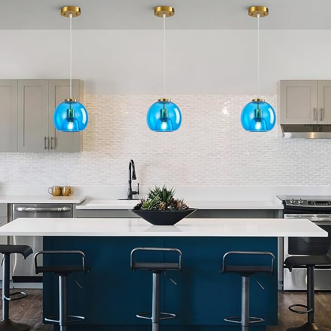 Blue Glass Pendant Lights Kitchen Island Gold Hanging Light Fixture Glass Globe Pendant Light Modern Pendant Lighting for Kitchen Island Bedroom Dining Room (7.87", 2 Pack)