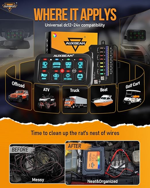 Auxbeam 8 Gang Switch Panel RA80 Auto-Dimmable RGB Switch Panel w/Momentary Toggle Pulsed, 12V-24V Automotive Aluminum Switch Panel for Truck Offroad Car Boat Waterproof, 3 Years Warranty