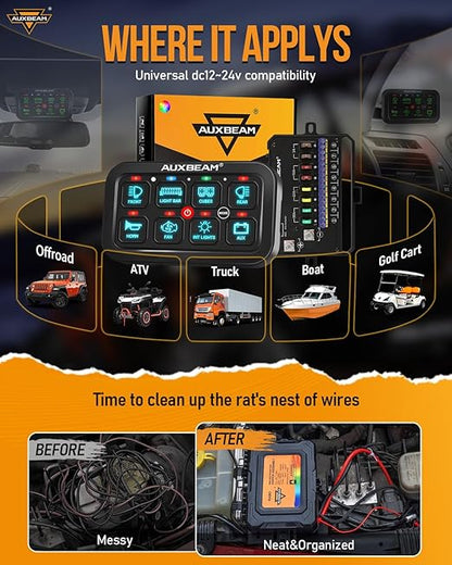 Auxbeam 8 Gang Switch Panel RA80 Auto-Dimmable RGB Switch Panel w/Momentary Toggle Pulsed, 12V-24V Automotive Aluminum Switch Panel for Truck Offroad Car Boat Waterproof, 3 Years Warranty