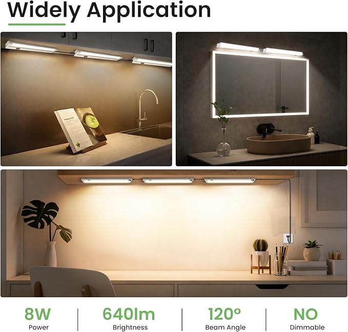 ALUSSO Under Cabinet Lighting, 12 Inch Linkable LED Under Cabinet Lights with Plug, 150° Swivel Light Bar, 3 Color Temperatures (3000K/4000K/6500K), 8 W 640 Lumen, for Kitchen Counter, Closet - 2 Pack