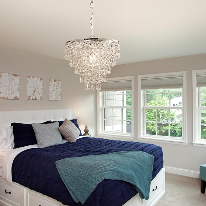 FRIXCHUR 11.8'' Crystal Chandelier Chrome Crystal Ceiling Light Led Flush Mount Ceiling Pendant Light Metal LED Pendant Light for Bedroom Living Room Foyer