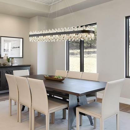 Modern Black Crystal Chandelier for Dining Room, Rectangle K9 Crystal Raindrop Chandelier Lights, Contemporary Ceiling Hanging Light Fixtures for Kitchen Island Dining Room, Length 57 inches