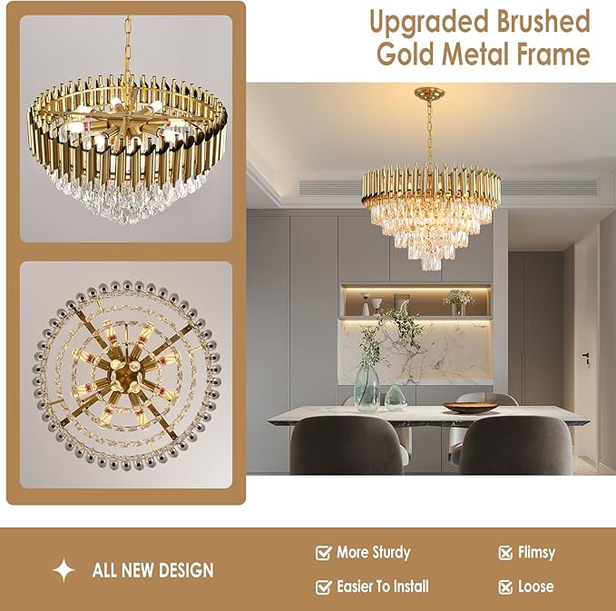 Gold Crystal Chandeliers Modern Round Chandelier for Dining Room 5 Tiers Ceiling Pendant Light Fixtures Large Ceiling Chandeliers for Foyer Living Room Bedroom Foyer entryway 24” 12 Lights