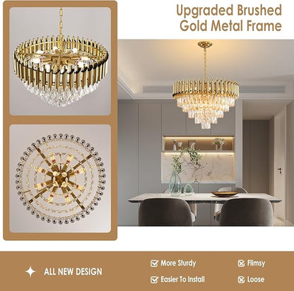 Gold Crystal Chandeliers Modern Round Chandelier for Dining Room 5 Tiers Ceiling Pendant Light Fixtures Large Ceiling Chandeliers for Foyer Living Room Bedroom Foyer entryway 24” 12 Lights