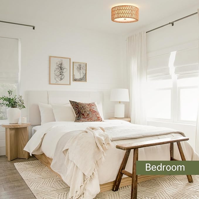 Boho Ceiling Light Fixtures 12.6" Flush Mount Ceiling Light, Hand-Woven Rattan Light Fixture for Bedroom Close to Ceiling Light Modern Ceiling Light for Foyer Hallway Entryway Kids Room