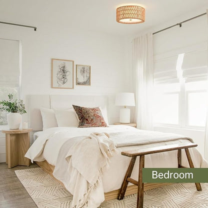 Boho Ceiling Light Fixtures 12.6" Flush Mount Ceiling Light, Hand-Woven Rattan Light Fixture for Bedroom Close to Ceiling Light Modern Ceiling Light for Foyer Hallway Entryway Kids Room
