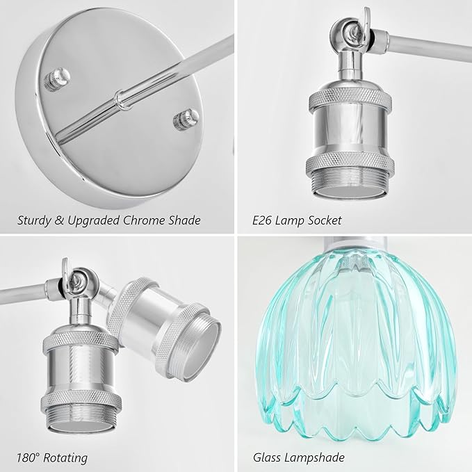 Vintage Battery Operated Wall Sconce, Sky Blue Tulip Glass Lampshade Wireless Rechargeable Battery Powered LED Wall Light with Remote Dimmable for Bedside Bedroom Living Room, Silver, Set of 2