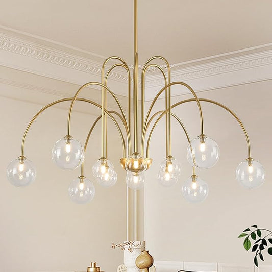 CATINER Gold Sputnik Chandeliers 12 Lights Modern Chandelier Large L52”Mid Century Ceiling Pendant Light Fixtures with Clear Glass Globe Shades for High Ceiling Living Dining Room Foyer Staircase