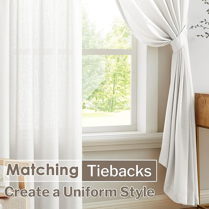Melodieux Ivory Semi Sheer Curtains 63 Inch Length for Bedroom Living Room, Farmhouse Linen Texture Light Filtering Home Office Shiny Sheer Drapes Rod Pocket, 52" W x 63" L, 2 Panels