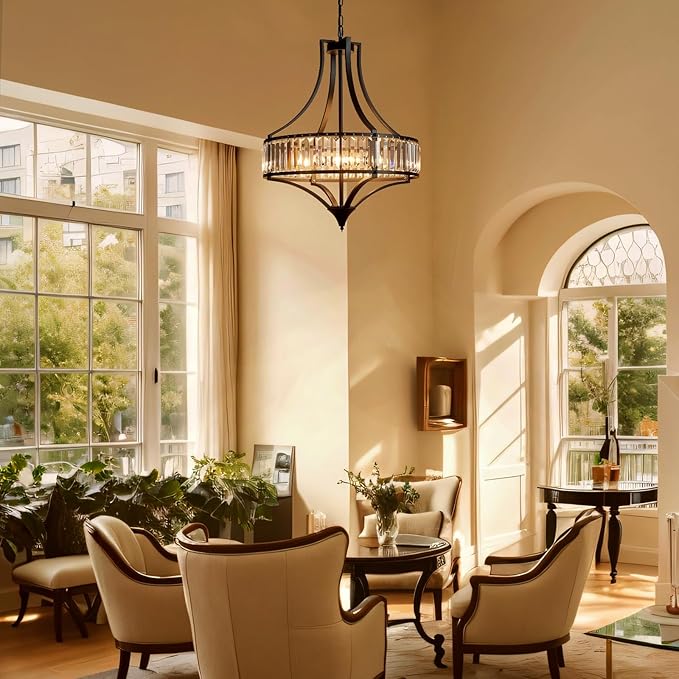 Black Crystal Dining Room Light Fixtures Over Table, Modern Farmhouse Chandelier Light Fixture, Round Large Hanging Light for Living Room Kitchen Hallway Bedroom Foyer, 21.6 Inch, 6-Light