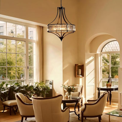 Black Crystal Dining Room Light Fixtures Over Table, Modern Farmhouse Chandelier Light Fixture, Round Large Hanging Light for Living Room Kitchen Hallway Bedroom Foyer, 21.6 Inch, 6-Light