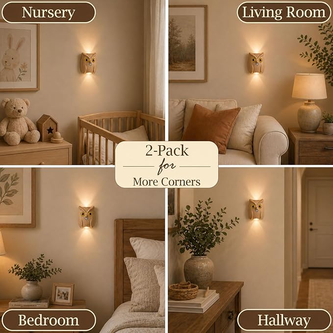 2-Pack Timber Owl Wall Lamp, Cute LED Night Light for Bedroom Decor, Warm Ambient Lighting for Kids Room, Nursery & Hallway, Creative Animal Wall Light, Gift for Home Decoration