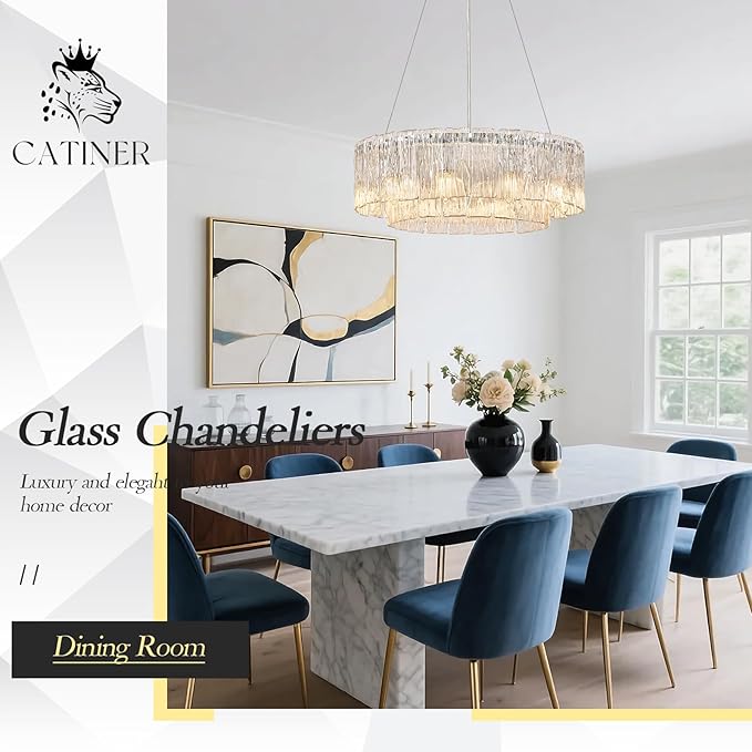 Modern 24” Chrome Chandeliers 10-Light Crystal Glass Round Chandelier Luxury Drum Ceiling Pendant Light Fixtures 2 Tiers Hanging Lighting for Dining Room Foyer Living Room Bedroom