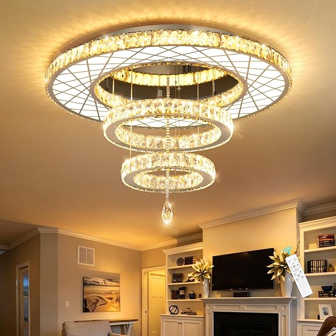 32"W Modern Chandeliers Living Room Light Crystal Flat Mounted Ceiling Lights Dining Room Light Bedroom Ceiling Drop Lighting Fixture Remote Dimmable Lights Bright Light with Dimming Night Light LED