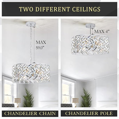 CATINER Chrome Crystal Chandeliers, Modern Semi Flush Mount Ceiling Light, 6-Light Round Crystal Hanging Pendant Light Fixtures, D18” for Dining Room Entryway Kitchen Hallway K9 Crystal