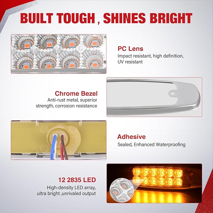 Nilight 10 Pack 6.3 Inch Rectangle Amber Side Marker Lights White Lens 12 LED 3 Functions (High/Low/Strobe) IP67 Waterproof Stainless Steel Chrome Bezel 12V Surface Mount for Truck Trailer RV Boat