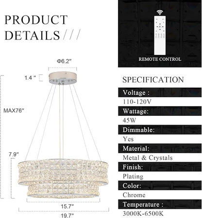 LED Crystal Chandeliers with Remote Control 20’’ Luxury 2-Tier Modern Chrome Chandelier Light Fixture Dimmable for Dining Room Bedroom Kitchen Foyer Entryway 3000-6500K