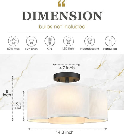 Black Semi Flush Mount Ceiling Light, Close to Ceiling Light Fixtures with Fabric Shade in Quatrefoil Shape, Farmhouse 13-inch Ceiling Light for Kitchen Hallway Bedroom, AD-22007-4SF-BK