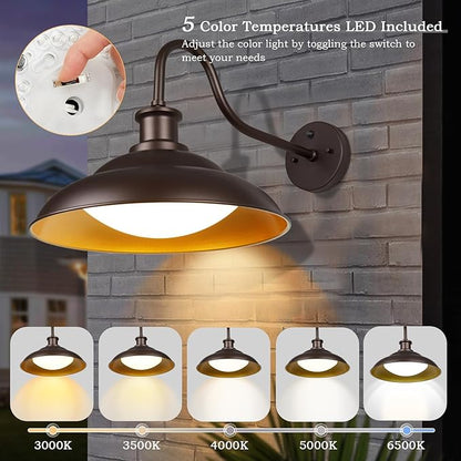 Dusk to Dawn Outdoor LED Barn Lights, 16 Inch Large Farmhouse Exterior Wall Light Fixtures with Adjustable Color Temperature, Modern Bronze Porch Lights Outside for House Garage Doorway