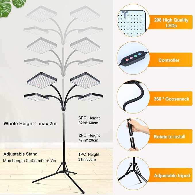 FECiDA 2026 4Head Grow Lights with Upgraded Stand, Big Coverage Grow Lights for Indoor Large Plants, Bonsai Tree, 4/8/12/16/20 Hr Timer, 100 Watt Power Draw, NO Need Adapter, 24"-76" Height Adjustable