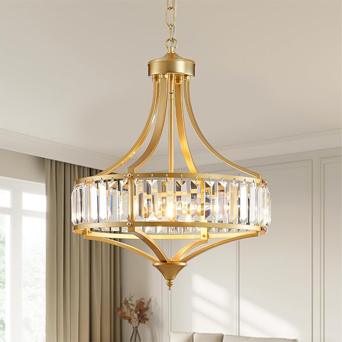 XINGQI 15.7" Modern Dining Room Chandelier Rustic Gold Crystal Lighting Fixture Pendant 4-Light with Round Metal Lampshade for Living Room Kitchen Hallway Bedroom Foyer