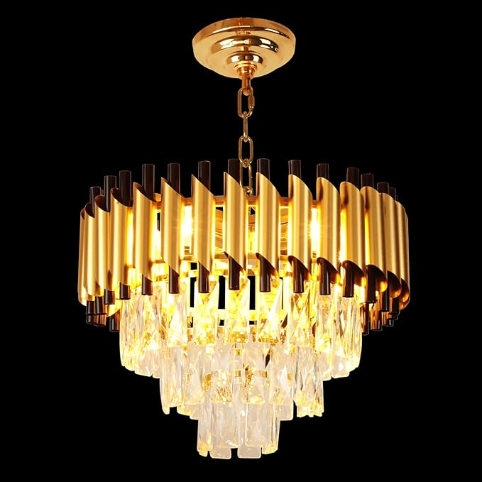 Depuley Modern Gold Crystal Chandelier: 5-Light Flush Mount Chandelier 12 3-Tier Inch Luxury Round Hanging Pendant Light Fixture for Porch Bedroom Dining Room Foyer Included Bulbs