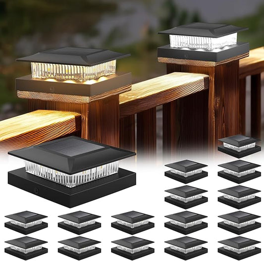 4x4 Solar Post Cap Lights 16 Pack, Fence Post Solar Lights with Warm White/Cool White, Only Fit 4x4 Wood/Vinyl Posts, Waterproof Outdoor Deck Post Light for Deck, Fence, Porch(Black)