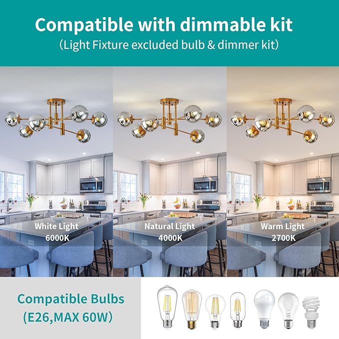 DDLLDESHI 6 Lights Gold Chandelier Globe Glass Cover Sputnik Ceiling Light Fixture,34" Large Dining Room Light Fixture Smoke Bubble Chandeliers for Living Room（Modern Chandelier Decor