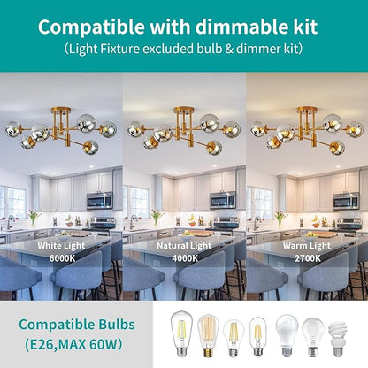 DDLLDESHI 6 Lights Gold Chandelier Globe Glass Cover Sputnik Ceiling Light Fixture,34" Large Dining Room Light Fixture Smoke Bubble Chandeliers for Living Room（Modern Chandelier Decor