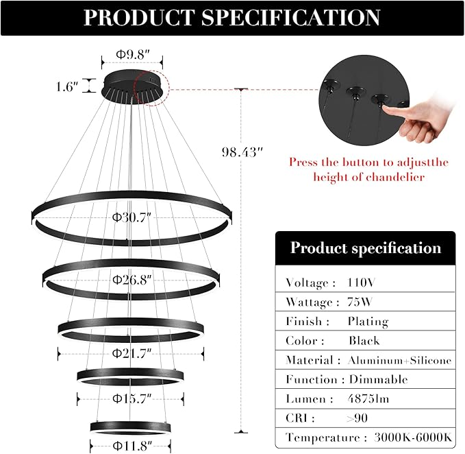 5-Ring Chandelier Black Modern LED Chandeliers High Ceiling 31" Large Foyer Chandelier Entryway Dimmable Pendant Light Fixture for Living Room Staircase, 3000K-6500K